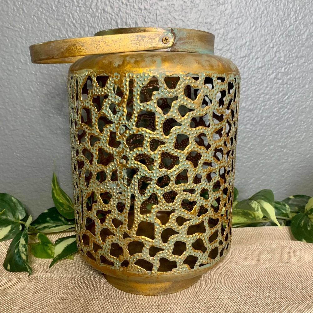 Home Decor Metal Lantern Vase - Vintage Finish - Intricate Open Pattern